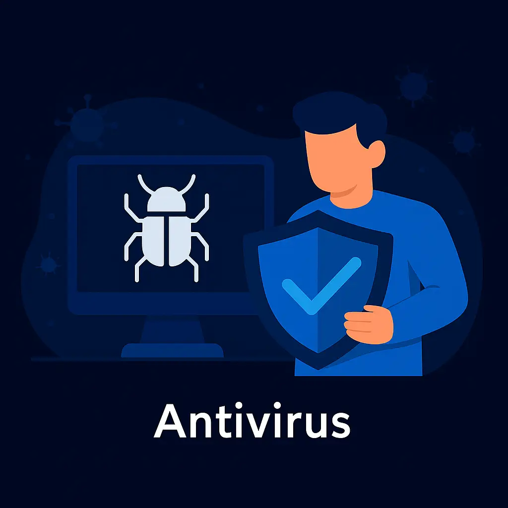 Digital illustration of antivirus protection with a computer screen showing a bug icon and a person holding a security shield – flat style cybersecurity concept