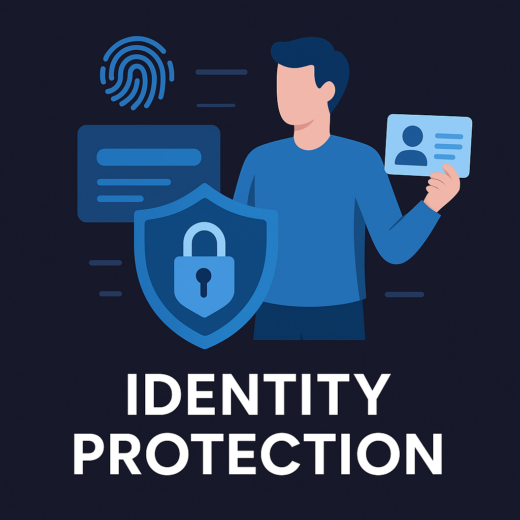 Illustration showing identity protection with a digital shield and masked user icon