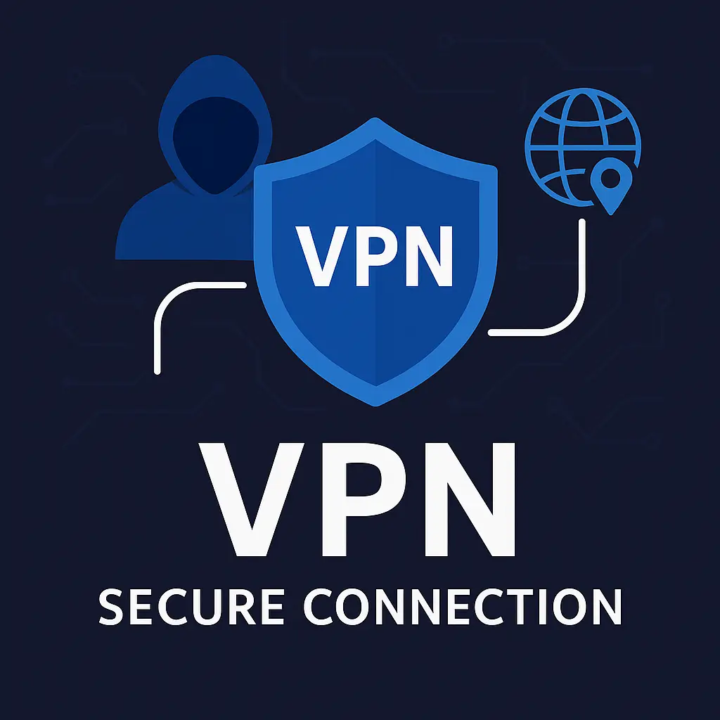 Illustration of a VPN connection with a secure shield and anonymous internet access